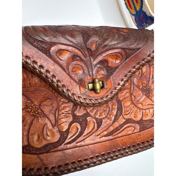 Vintage 1970s Tooled Leather Floral Crossbody Bag with Embroidered Strap - Picture 8 of 14